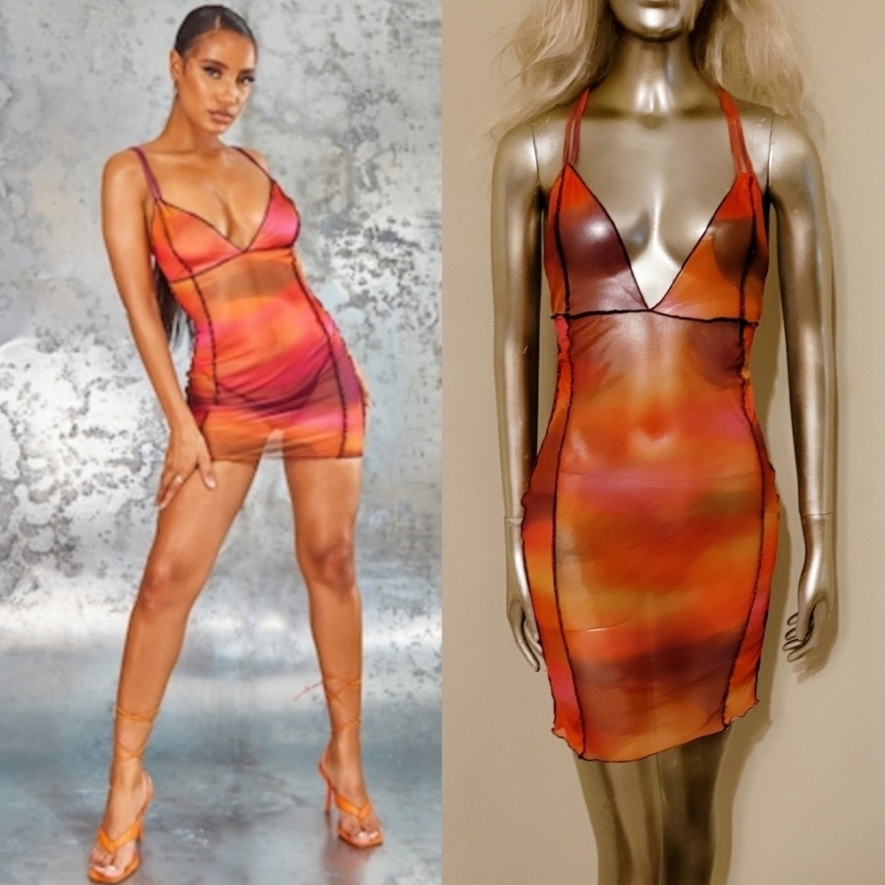 NWOT PLT Pink Abstract Sheer Mesh Overlock Stitch Strappy Bodycon Dress